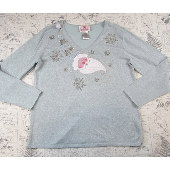 Quaker Factory Sweater Womens L Blue shimmer Christmas Santa Holiday lightweight - Picture 1 of 9